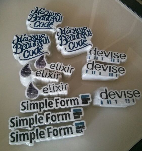 Devise, Simple Form, Elixir, Hacking Beautiful Code stickers